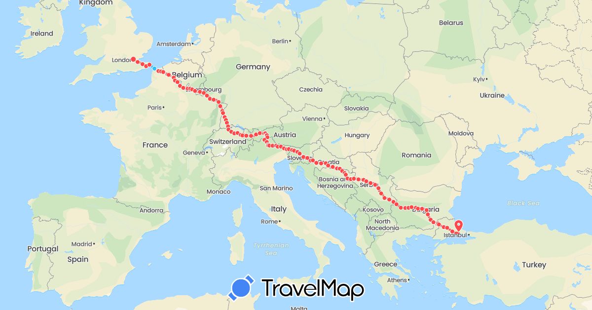 TravelMap itinerary: hiking, boat, running in Austria, Bosnia and Herzegovina, Belgium, Switzerland, Germany, France, United Kingdom, Croatia, Italy, Liechtenstein, Luxembourg, Serbia, Slovenia (Europe)